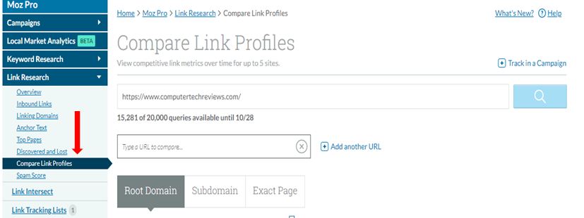 Where to find Compare Link Metrics in Link Explorer